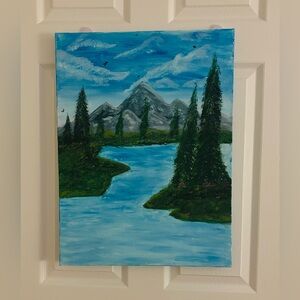 Tranquil Green and Blue Landscape Painting with Majestic Mountain